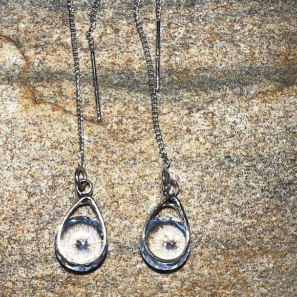 925 Silver Boho Diamond Chain Dangle Earrings threader water drop - Picture 3 of 4